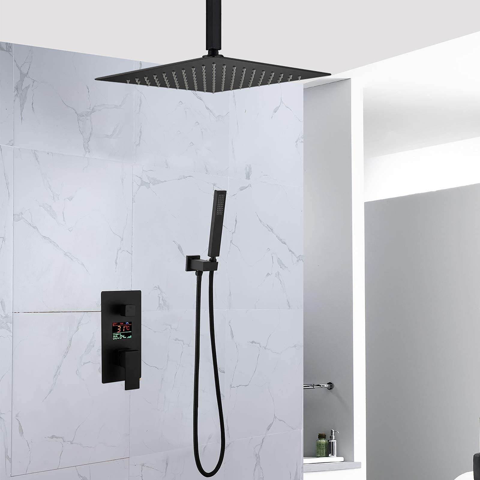 Set doccia con display digitale, montaggio a soffitto, set da bagno con soffione doccia in acciaio inox, doccetta a mano, scatola integrata, nero, 30,5 cm