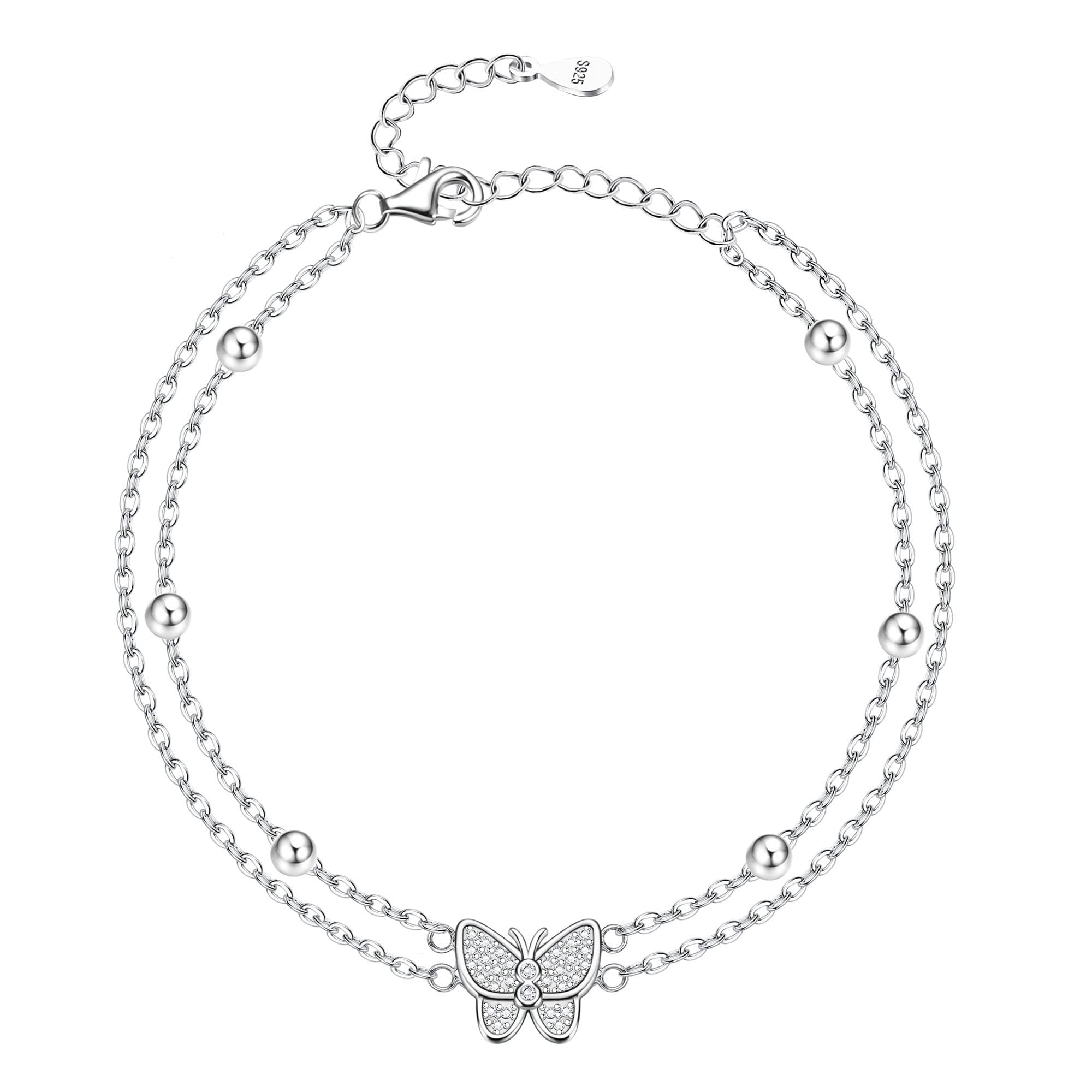 KRFY925 Pulseras de Plata Esterlina para Mujer Pulseras de Encanto Lindo Link Chain Butterfly Pulsera Delgada Pulsera Inicial de Doble Hexágono Ajustable Pulseras de Mariposa Joyería