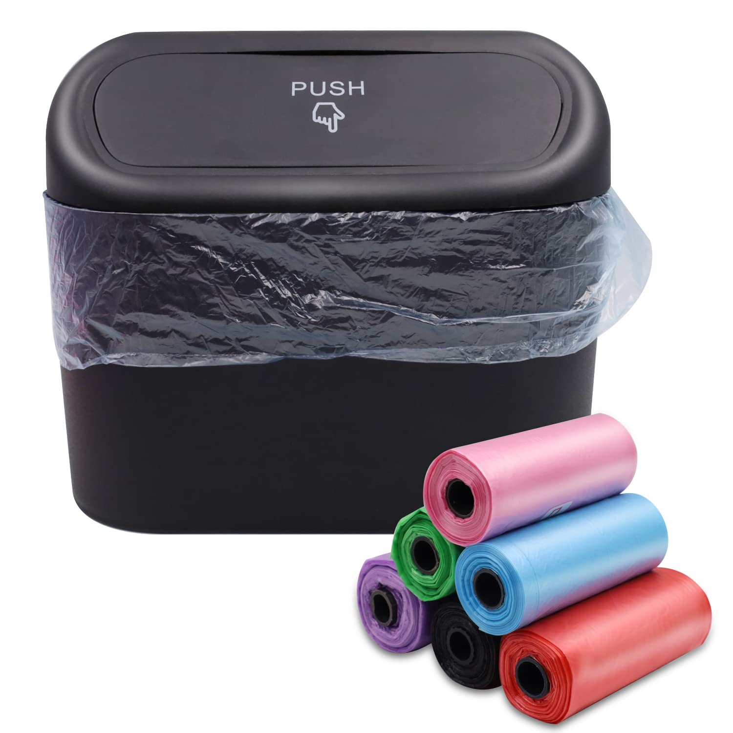 Abnaok Car Trash Can, Mini Car Accessories with Lid and 90 pcs Trash Bags Portable Hanging Car Organizer Bin, Small Garbage Can for Storage and Organization Kitchen, Bedroom and Office