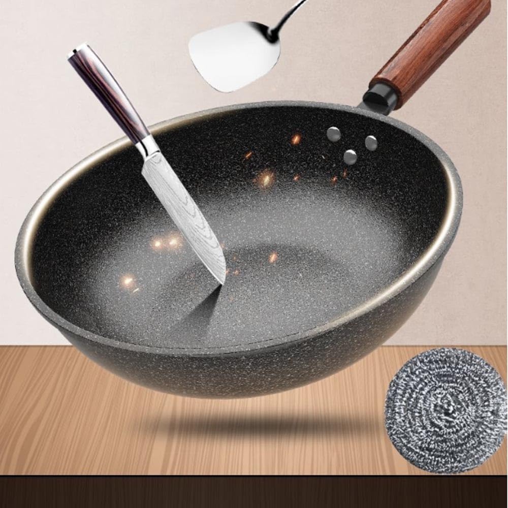 Patelnia Wok z płaskim dnem, 12,6" Szary medyczny kamienny wok, tradycyjna wstępnie sezonowana patelnia z powłoką z granitu i drewnianym uchwytem pomocniczym, do kuchenek indukcyjnych, woków i patel
