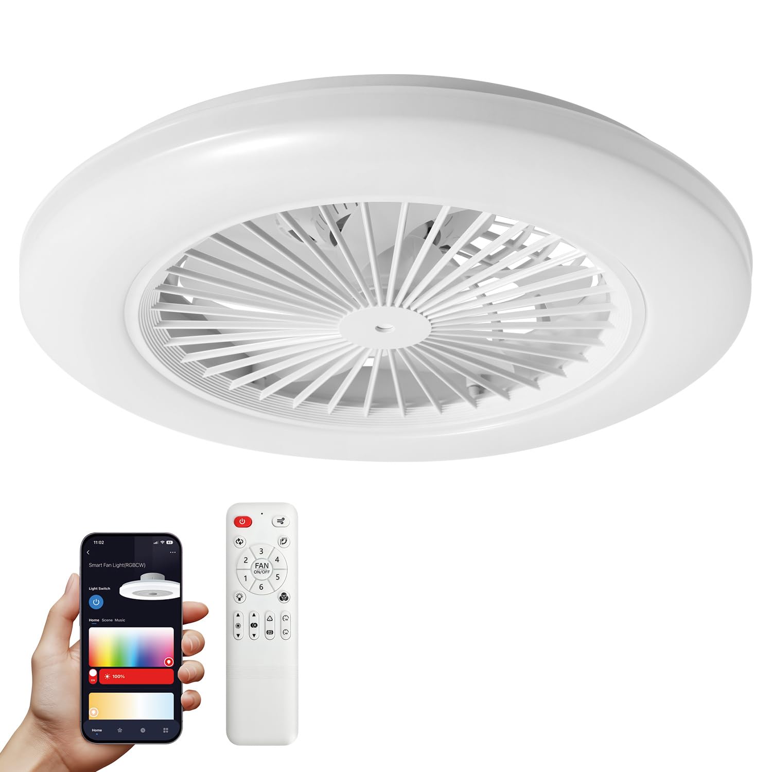 2 in 1 Deckenventilator mit Beleuchtung und Fernbedienung, Ø49 cm Smart RGB Lampe Mit Ventilator Für Wohnzimmer Schlafzimmer, 3 Farbtemperatur, 6 Geschwindigkeiten, Timer Sommer-Winterbetrieb