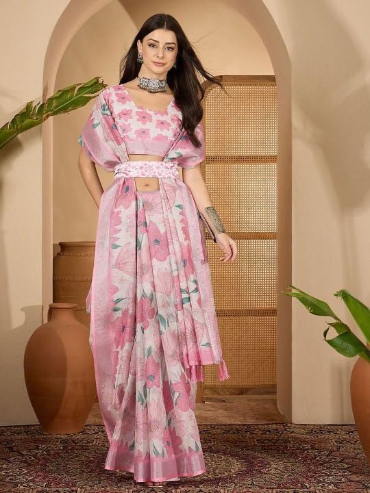 Women's Pink Floral Print Saree with Blouse Ethnic Wear, Festive Party Wear