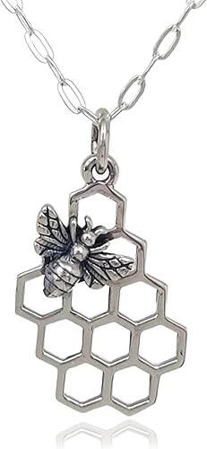 Sterling Silver Honey Bee on Honeycomb Cutout Charm Necklace, 18"