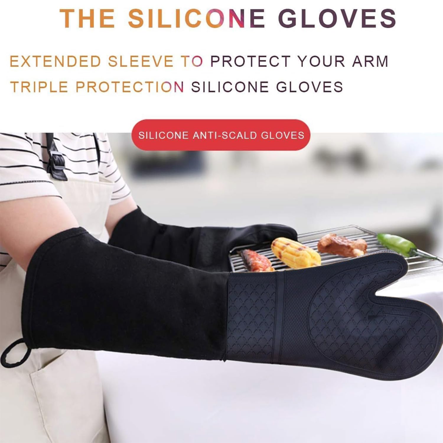 Guanti da forno professionali in silicone, 1 paio extra lunghi, resistenti al calore, da cucina, con fodera in cotone trapuntato