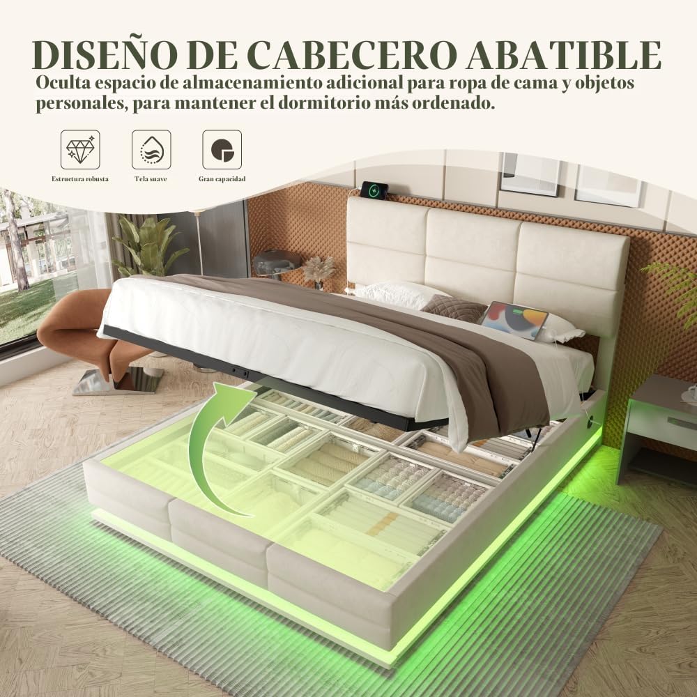 Lubvtti Cama acolchada con LED y puertos USB & TypeC, cama de matrimonio con contenedor hidráulico y cabecero regulable en altura, cama de matrimonio con canapé, terciopelo (beige, 160 x 200)