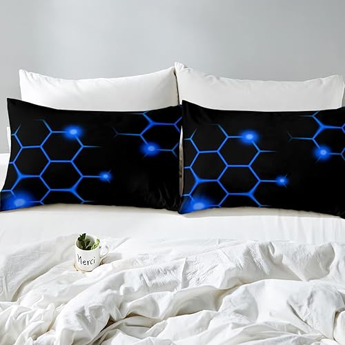 Miniatura 4 de Juego de funda de edredón hexagonal geométrica de panal de abeja, funda de edredón hexagonal moderna para niños, niños, niñas, azul neón, negro,