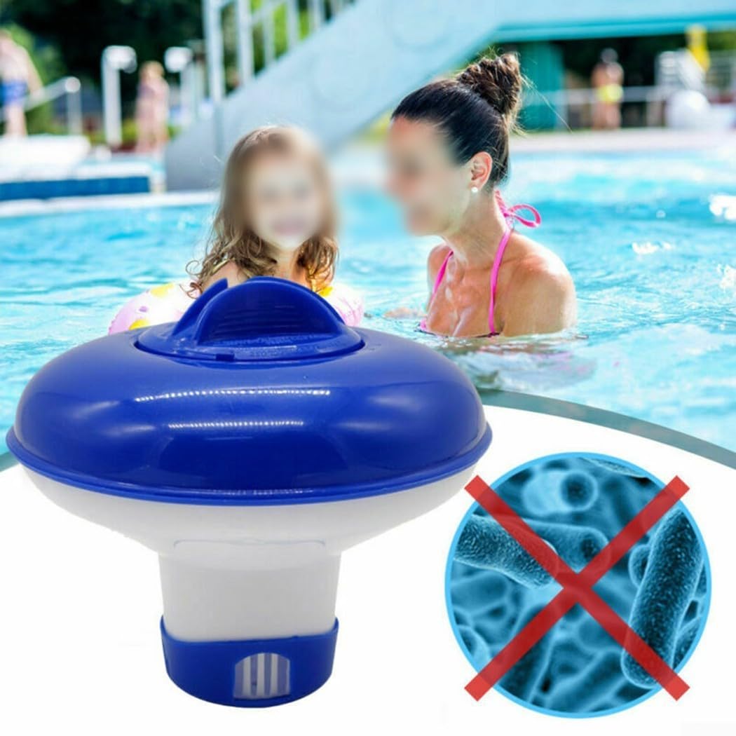 Dispenser galleggiante regolabile per piscina per compresse e pillole, dispositivo di auto-dosaggio per spa, piccole piscine, trattamento dell'acqua all'aperto, 12,4 cm