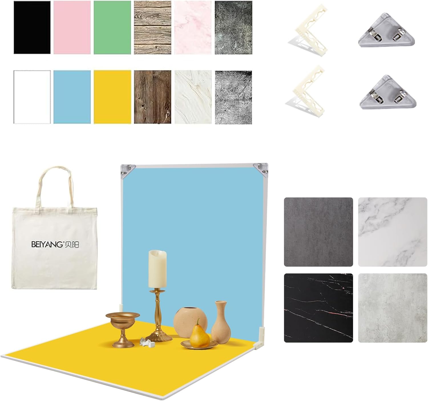 Double Sided 6PCS Photography Backdrop Papers and 2PCS Photo Backdrop Boards, 24x24in, with Carry Bag and Components, 16 Pattern Background Set for Photographic Needs, Waterproof, Portable, EOAJAFOU