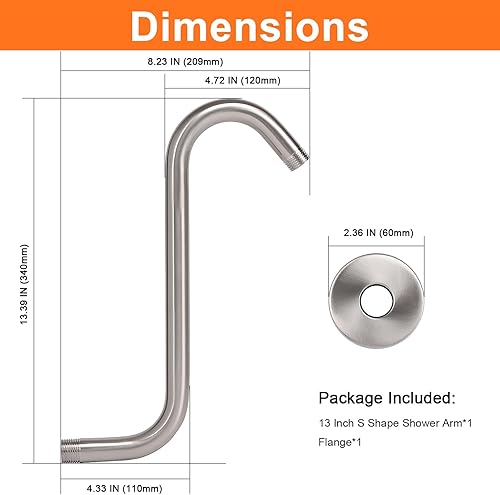 Miniatura 2 de HarJue Brazo de ducha en forma de S cabezal de ducha de 15 pulgadas tubo de extensión de tiro alto conexión estándar de 12 pulgadas con brida