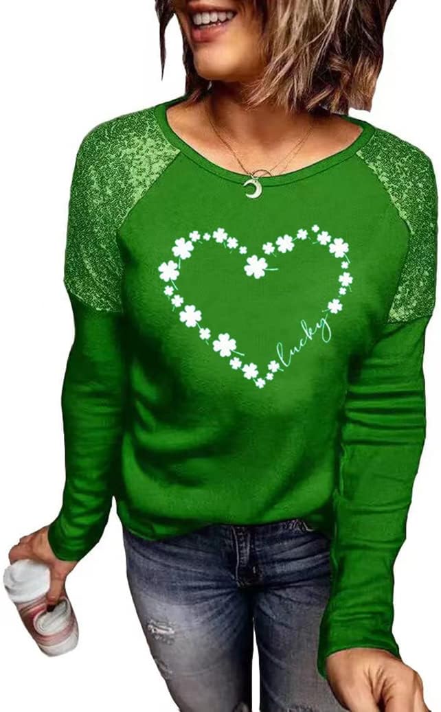 St. Patrick's Day T-Shirt Womens Funny Shamrock Printed Sequined Splicing Sleeve Casual Lucky Clover Heart Graphic Tee Tops image 2