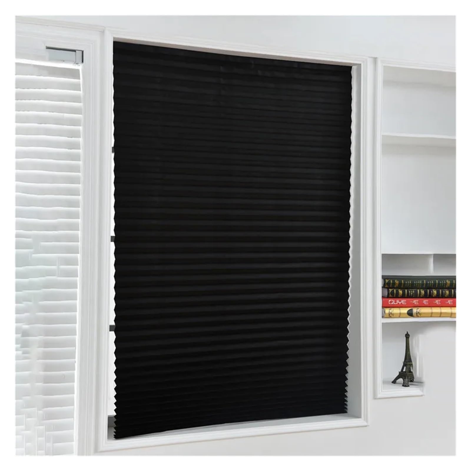 Temporary Blinds Non-Woven Shading Pleated Blinds Self-Adhesive Living Room Semi-Shading Curtains Kitchen(Black,90x150cm)