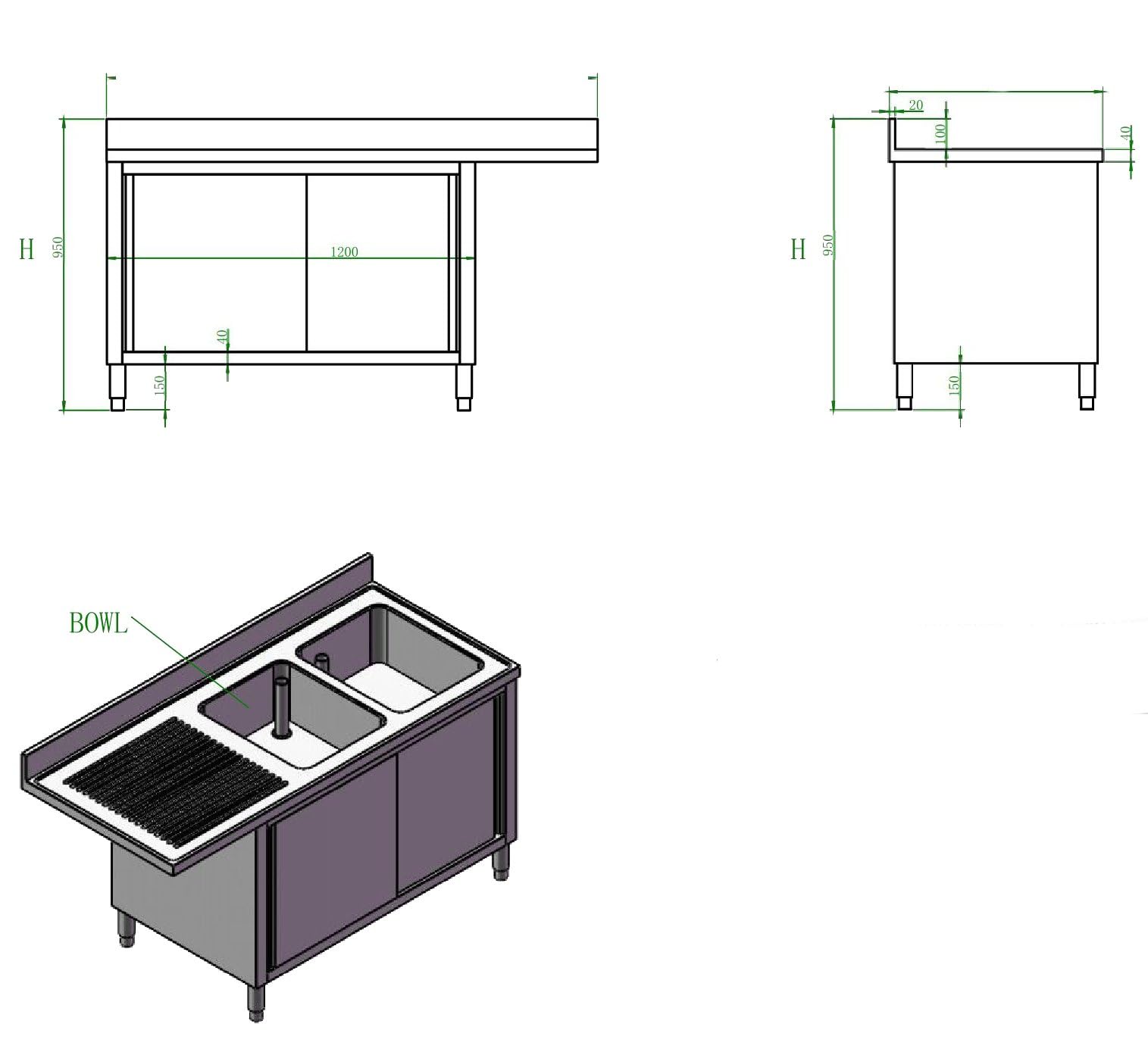 Ristoattrezzature - Lavello in Acciaio Inox Armadiato 200x60x95h cm - 2 vasche con vano lavastoviglie sx - Uso Professionale