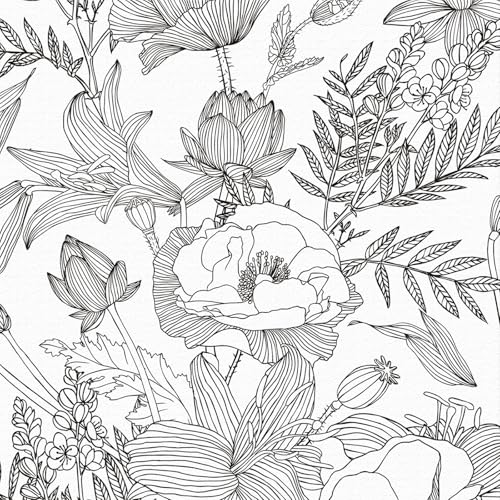 ICYEHAO Papel Pintado Flores Blanco y Negro, 44 x 300 cm Papel Pintado Blanco y Negro Flores Hojas Plantas Bohemio Vinilo Adhesivo para Muebles,Armarios,Libreria,Sala de Estar, Dormitorio,Baño