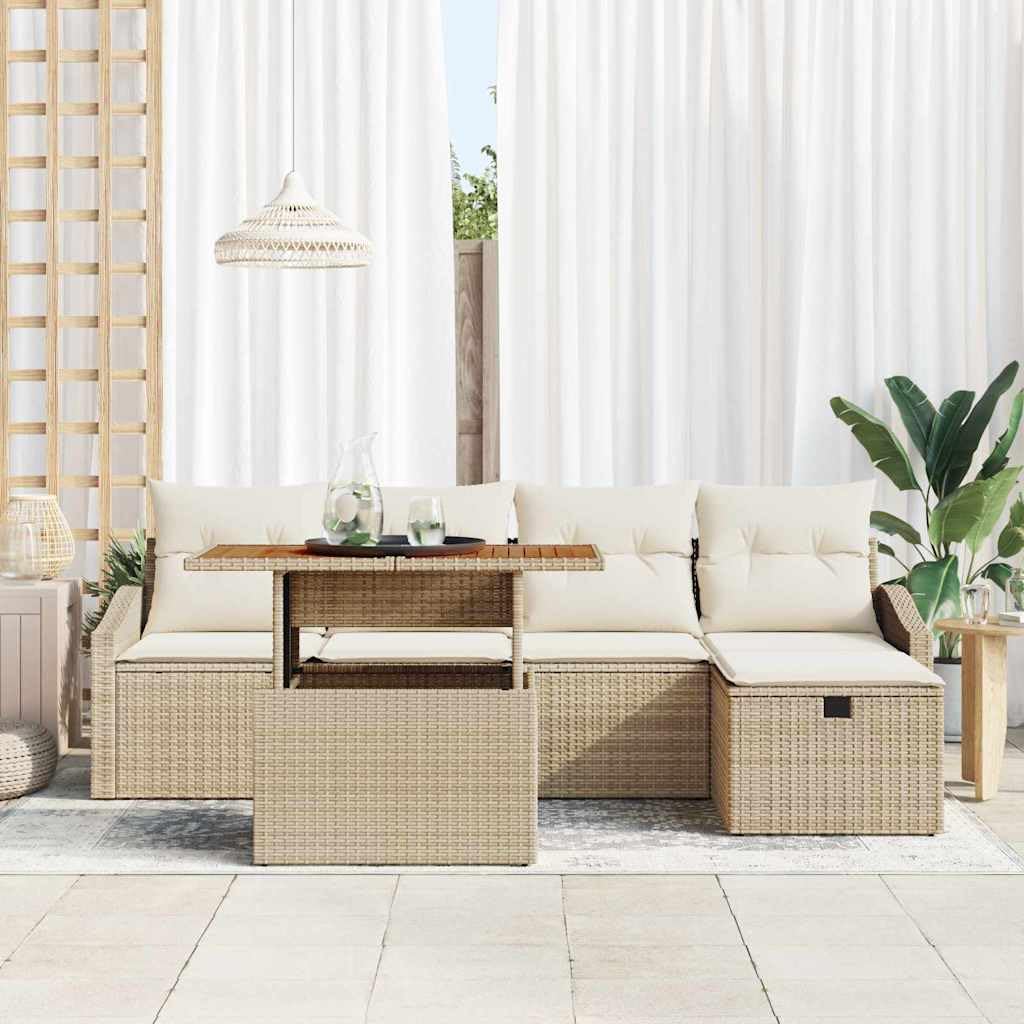 Juego de 6 sofás de jardín con cojines, polirratán, modular, mesa de altura ajustable, para terraza y balcón, muebles de salón al aire libre