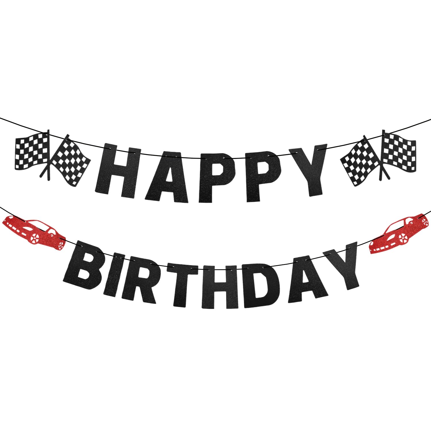 Race Car Birthday Banner - Checkered Flag, Happy Birthday, Black and White - Racing Themed Party Decoration Supplies