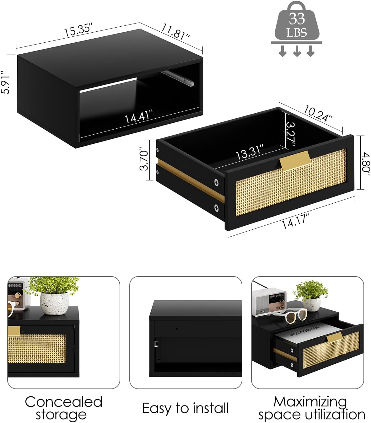 Floating Nightstand, Floating Shelf with Drawer, Wall Mounted Nightstand, Floating Bedside Table (Black Rattan)