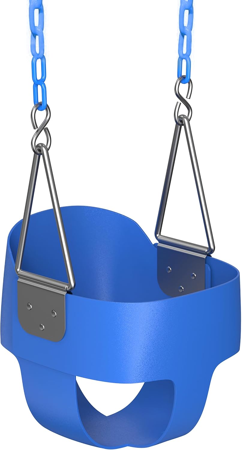 Jungle Gym Kingdom Toddler Swing - Heavy Duty, High Back, Full Bucket Baby Swing Seat with Coated Chains for Outdoor Use - Fully Assembled - Blue