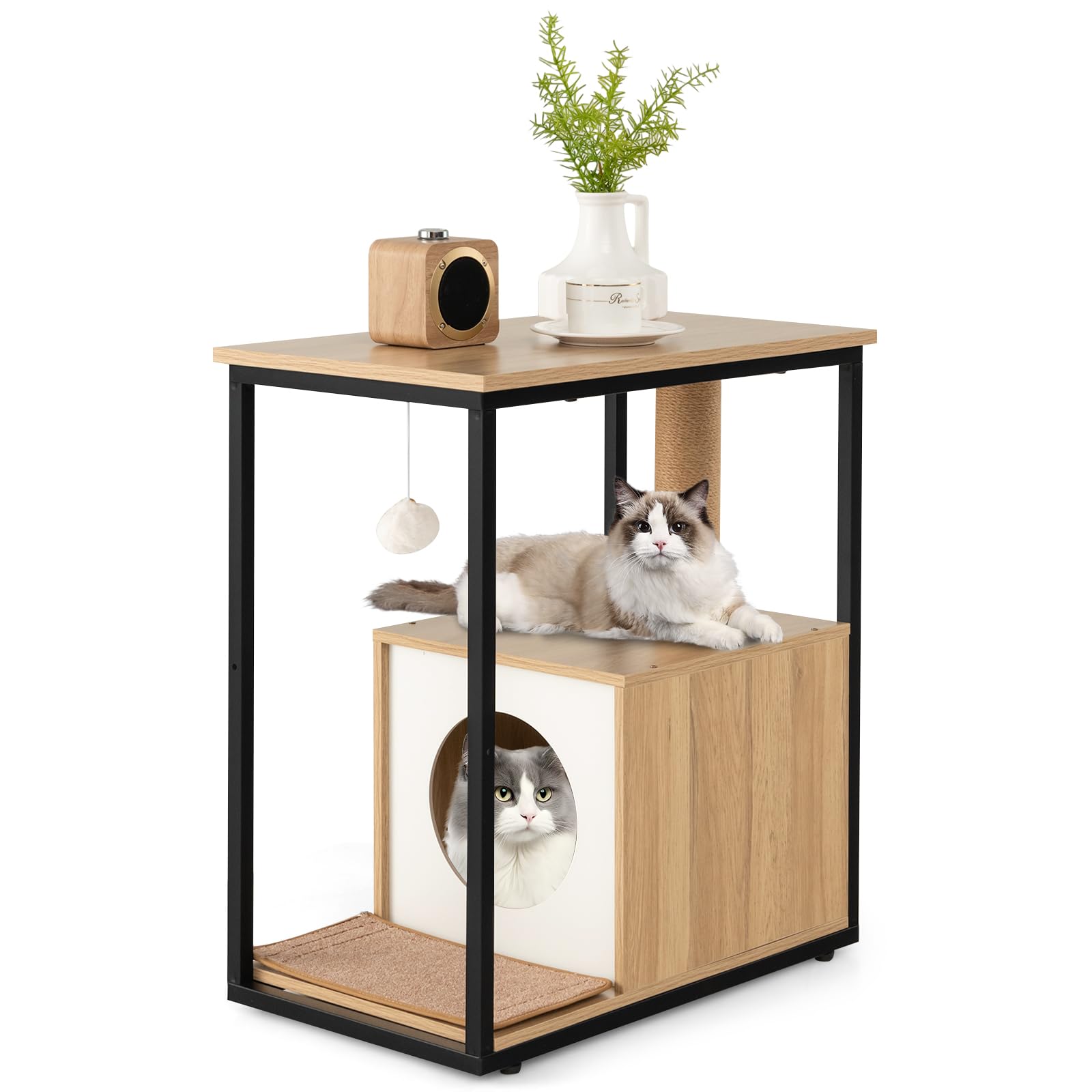 PETSITE Cat Tree and End Table, Cat End Table with Scratching Post, Cat Condo, Dangling Ball, Detachable Plush Mat & Anti-Tipping Kits, Cat Furniture Nightstand (Natural)