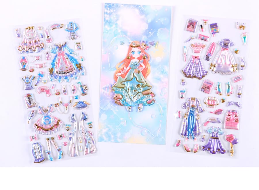 Image of Crackles Kawaii Stickers Set - Set of 8 Princess Dress-Up Change Stickers, DIY 3D Puffy Stickers for Girls, Aesthetic Sticker, Cute Stickers, Self Adhesive Stickers Set (Pack of 8)