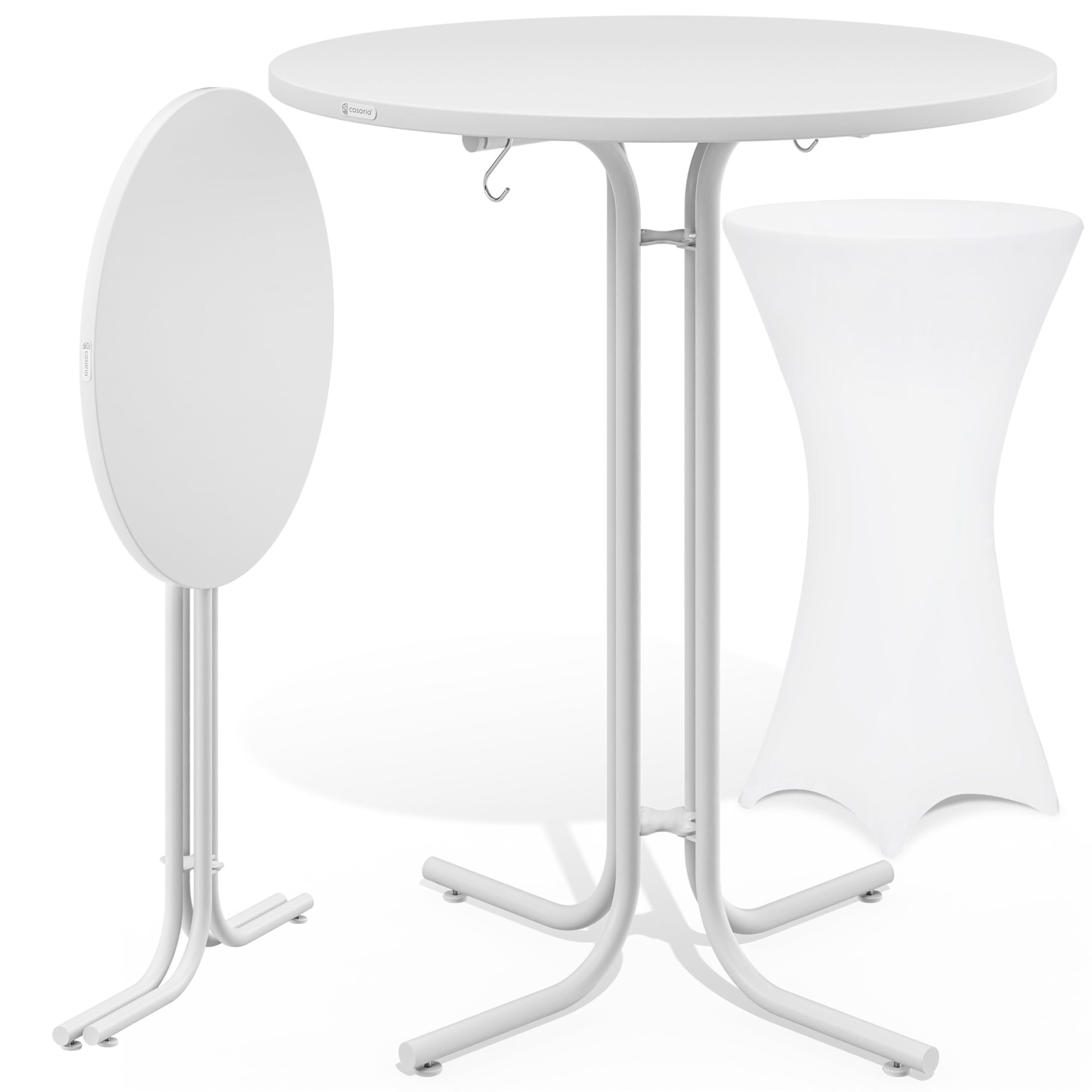 CASARIA® Round Bar Table with Slip Cover | 110 High | 70cm Diameter | Foldable & Easy To Transport | Powder Coated Metal | Stable Bistro Bar Party | Weatherproof | White with White Cover