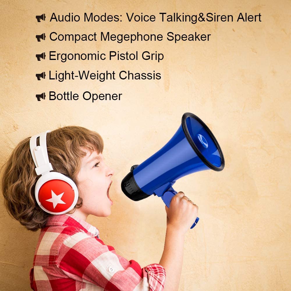 ppARK Megafon Tragbares Megaphon Bullhorn 20 Watt Leistung Megaphon Lautsprecher Sprach- und Sirenen-/Alarmmodi mit Lautstärkeregelung für alle Outdoor-Sportarten TröTe