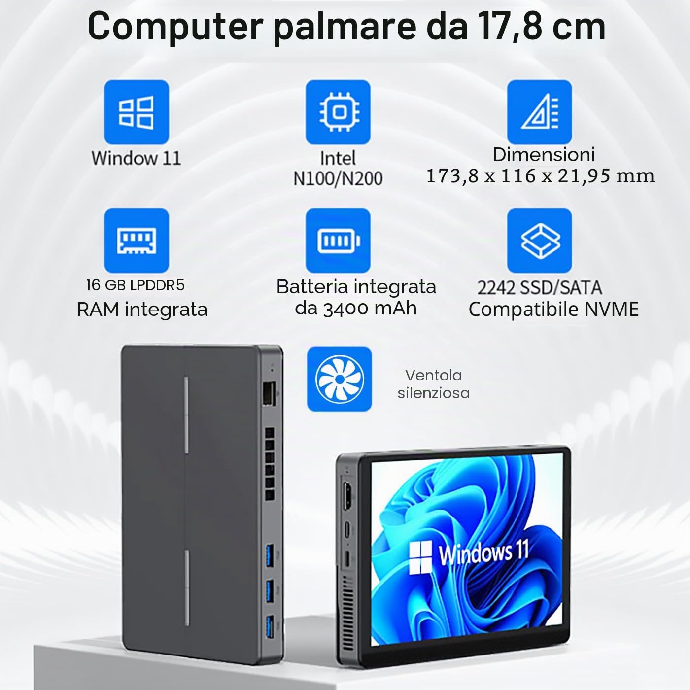 Mini PC Computer N200 con Schermo, Tablet con RAM 16GB Integrato, 512GB SSD | N200 (Aggiorna N150), Wifi6 BT5.2 Batteria 3400mAh, Portable PC 7 Pollici Schermo Tattile con Ventola