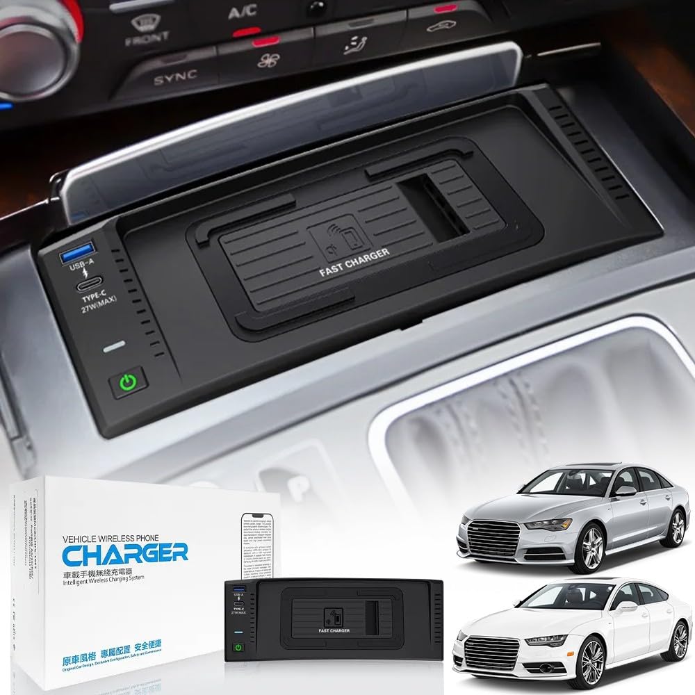 Cargador de Coche Inalámbrico para Audi A6 S6 RS6 2012-2018, para Audi A7 S7 RS7 2009-2018, Ajuste Personalizado OEM con 27W USB-A & Type-C Carga Rápida Coche Teléfono Cargador A6 Accesorios