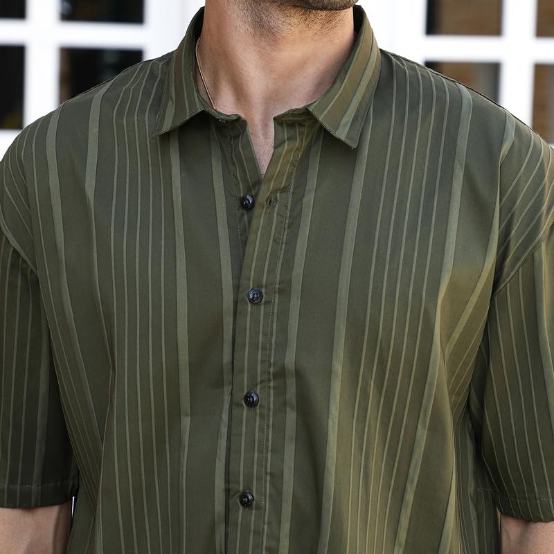 Image of CAHOOT Men's Oversized Shirt for Casual Wear | Cuban Collar | Short Regular Sleeves | Button Closure | Oversized Shirt Crafted with Comfort Fit for Everyday Wear