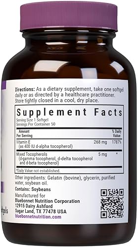 Miniatura 8 de Bluebonnet Nutrición Vitamina E 400 UI 268 mg Tocoferoles Mixtos Cápsulas Portección Radical Libre y Apoyo Cardiovascular Sin Gluten Lácteos