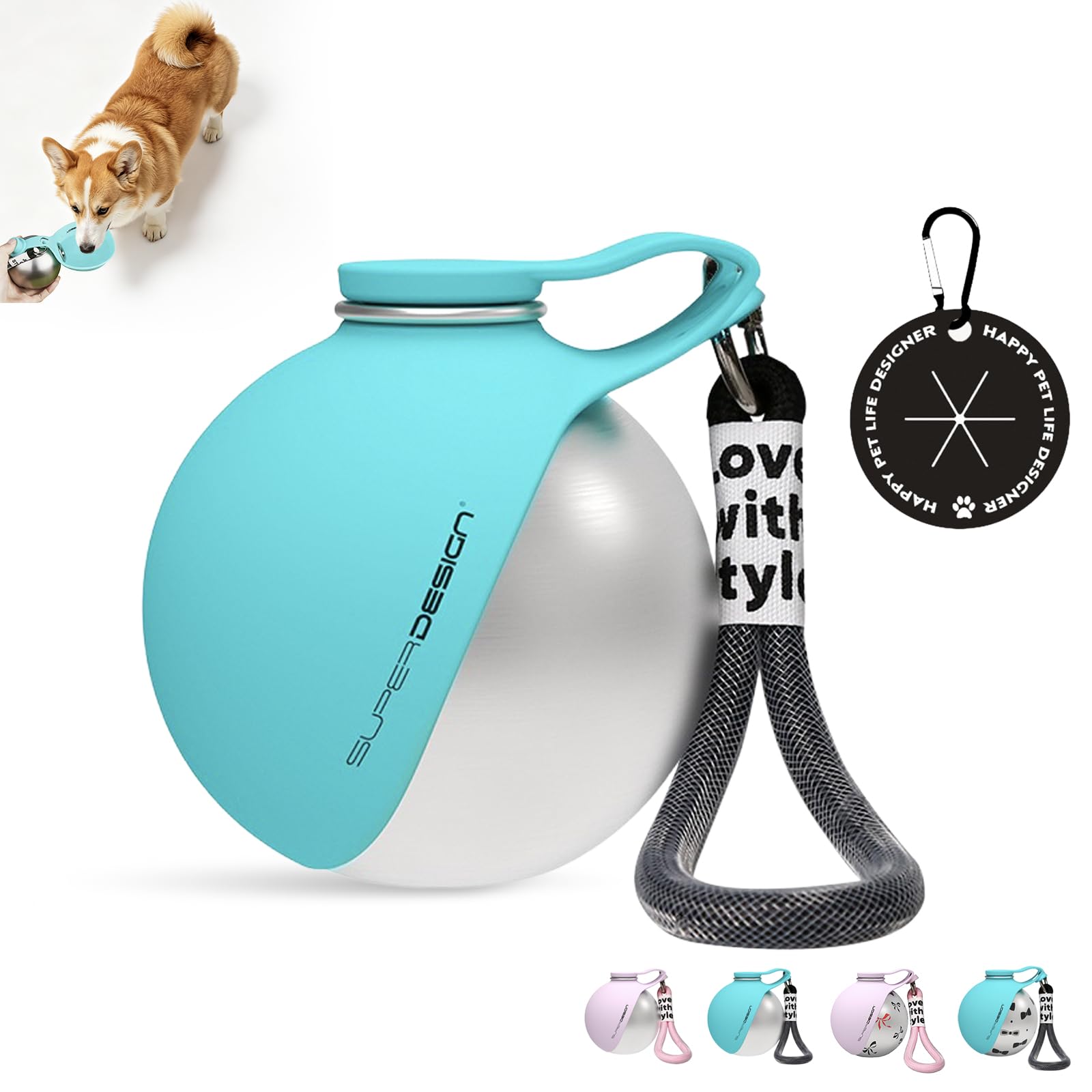 Auveach Portable Dog Water Bottle, 285ml Stainless Steel Dog Water Bottles for Walking with Dog Poop Bag Holder, Dog Drinking Bottle with Foldable Silicone Bowl for Travel Outdoor Hiking (Blue)