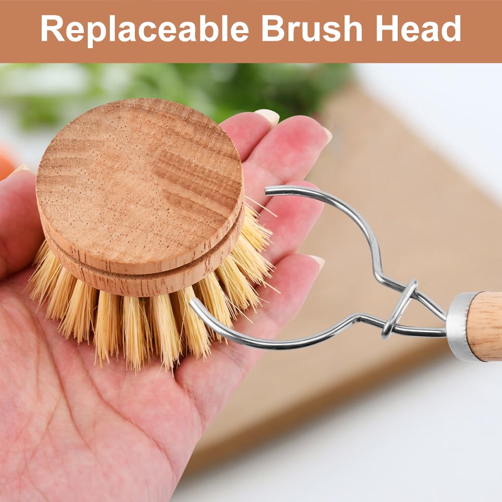 Juego de cepillos de bambú para platos, 1 mango de madera con 3 cabezales de cerdas naturales, cepillo multiusos de cocina con sisal y crin de caballo de palma para limpiar platos, sartenes y verduras