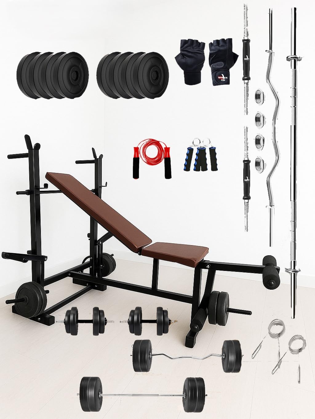 10KG -100KG PVC Weight Plates Combo with 8 in 1 Home Gym Bench, 5Ft Plain and 3Ft Curl Barbell Rods (23mm), Pair of Steel Dumbbell Rod & Accessories (50, Kilograms)-image-39