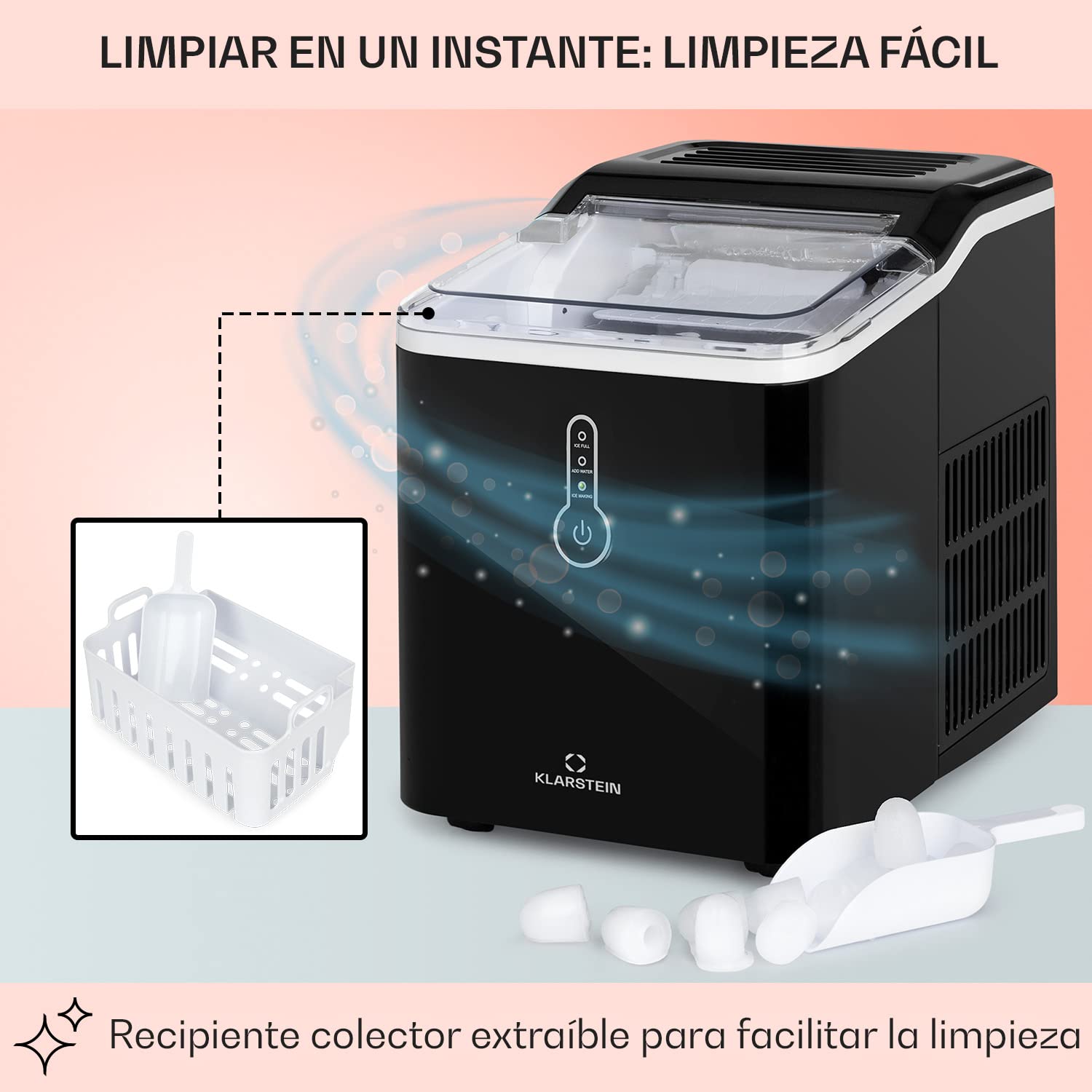 Klarstein Maquina de Hielo para Casa 1,5L, Ice Maker Encimera 12 kg, Maquina para Hacer Cubitos de Hielo Grandes Doméstica para Casa con Panel Táctil y Sistema Fácil Limpieza, Función Rápida