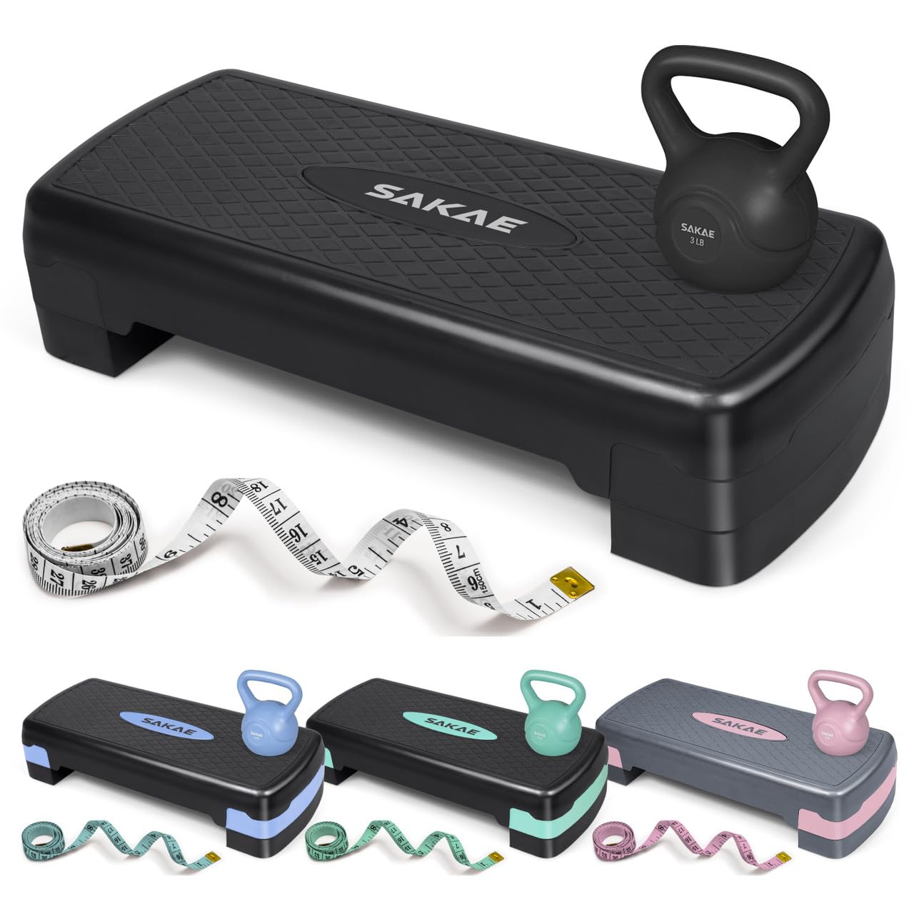 SAKAE Step Aerobics Platform Set with Kettlebell & Measuring Tape, Aerobic Steppers for Exercise at Home, Adjustable Height 2 Level Risers Workout