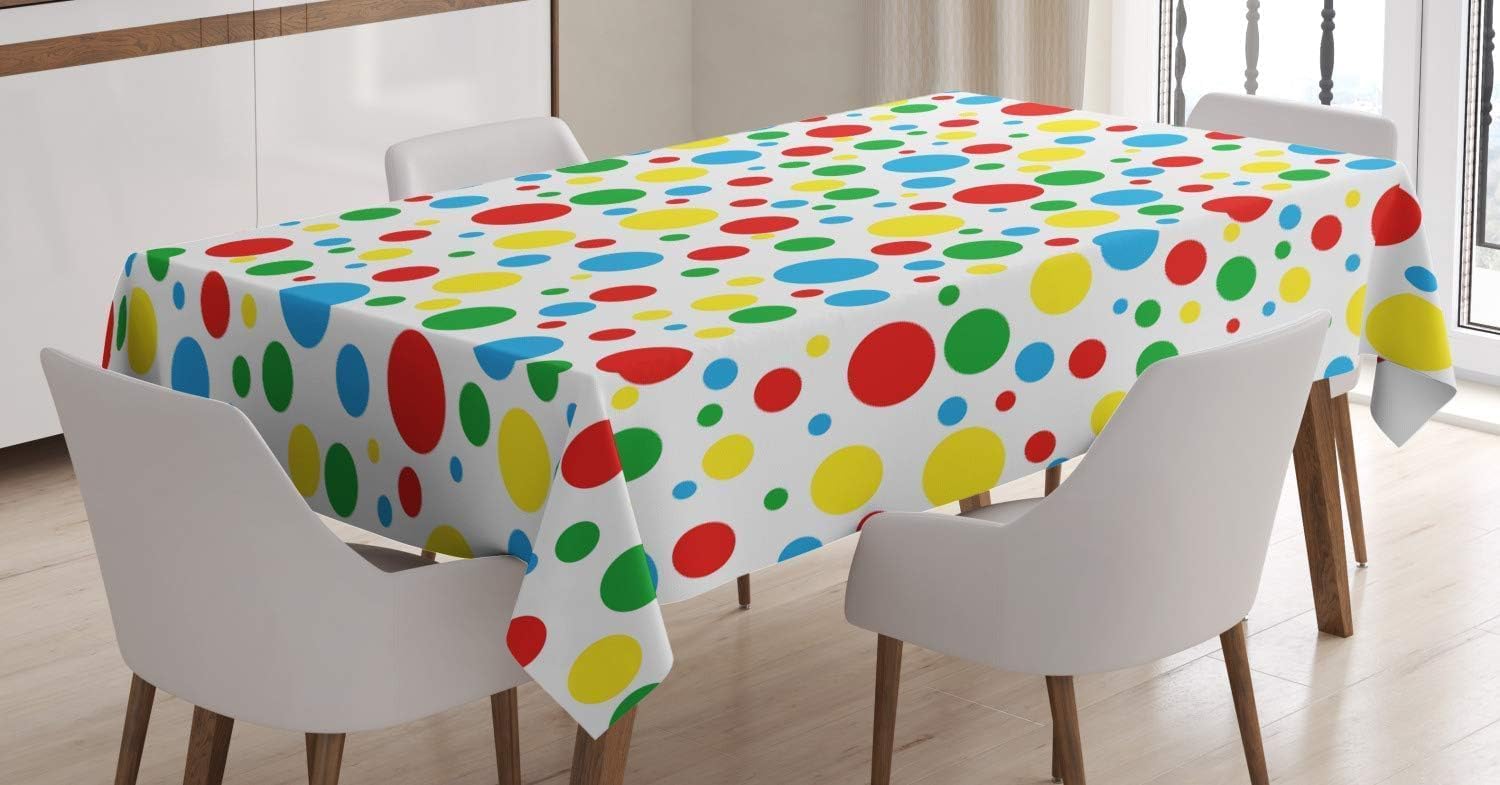 Prostokątny obrus 140 x 300 cm kolorowe kropki, plamoodporna i zmywalna tkanina poliestrowa, ochraniacz na stół dla 8-10 osób, zastosowanie kuchnia salon wewnątrz i na zewnątrz 6565v
