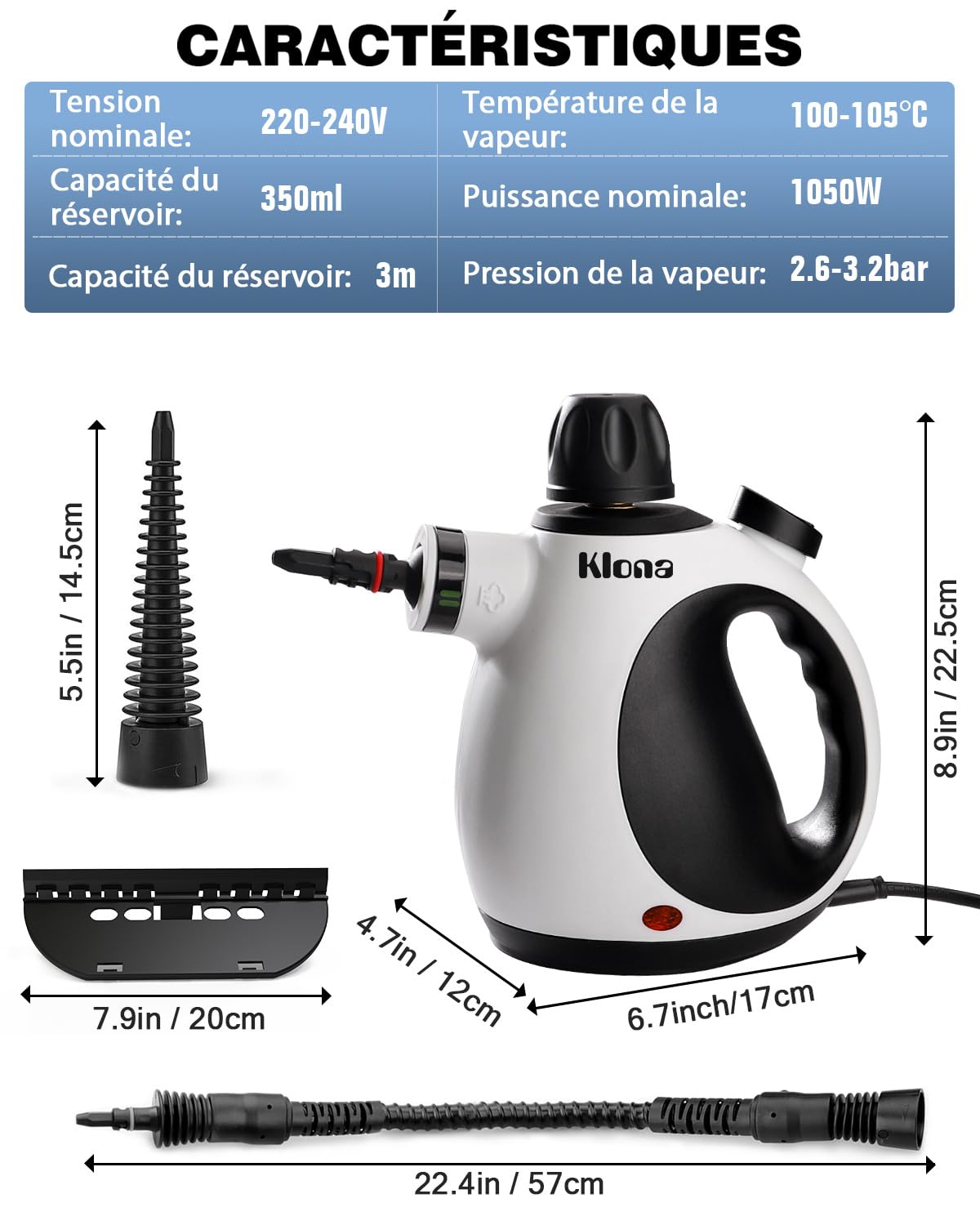 KLONA Nettoyeur Vapeur Portable, 1050W, Nettoyage Haute Température | pour Sols, Carrelage, Joints, Canapés, Cuisine, Salle de Bain | Sans Chimie | Serrure de Sécurité | avec 10 Accessoires