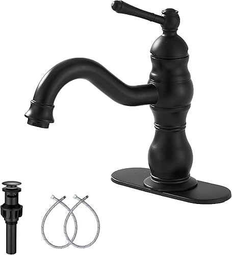 GGStudy - Grifo de baño negro mate giratorio de 360, grifo de tocador de baño de una sola manija, un agujero, grifo de lavabo de baño negro a juego