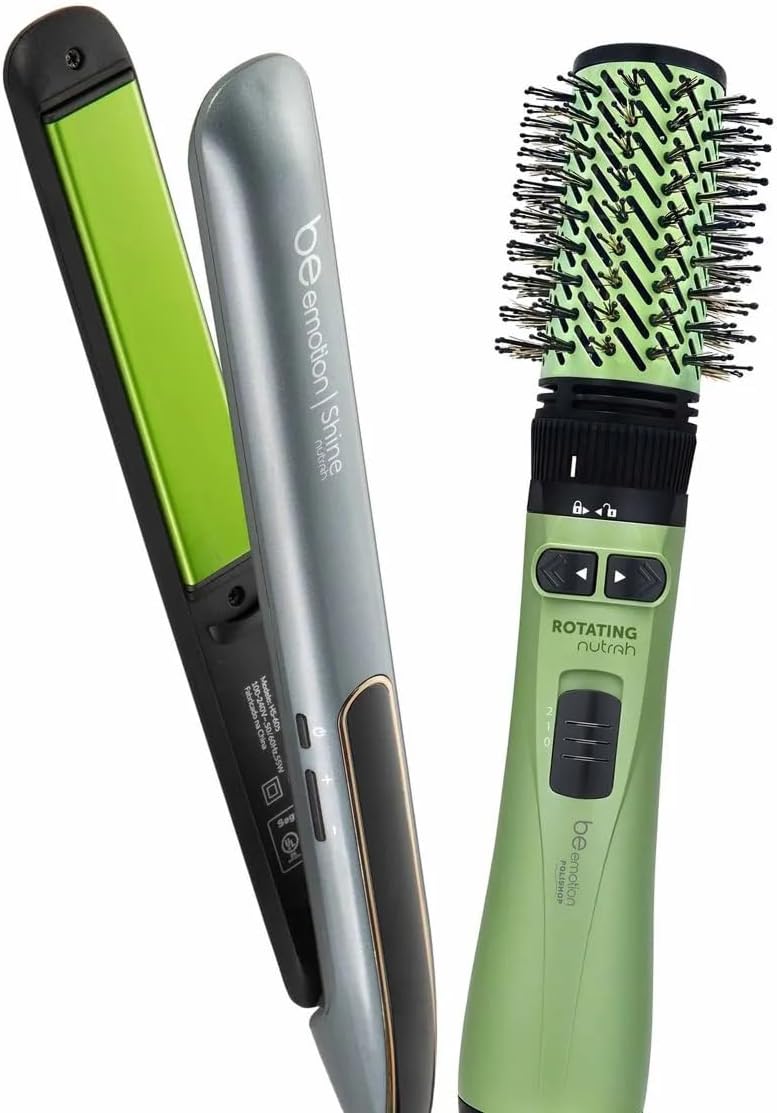 POLISHOP Escova Secadora e Modeladora Rotating Nutrah e Prancha de Cabelo Shine Nutrah Be Emotion Bivolt
