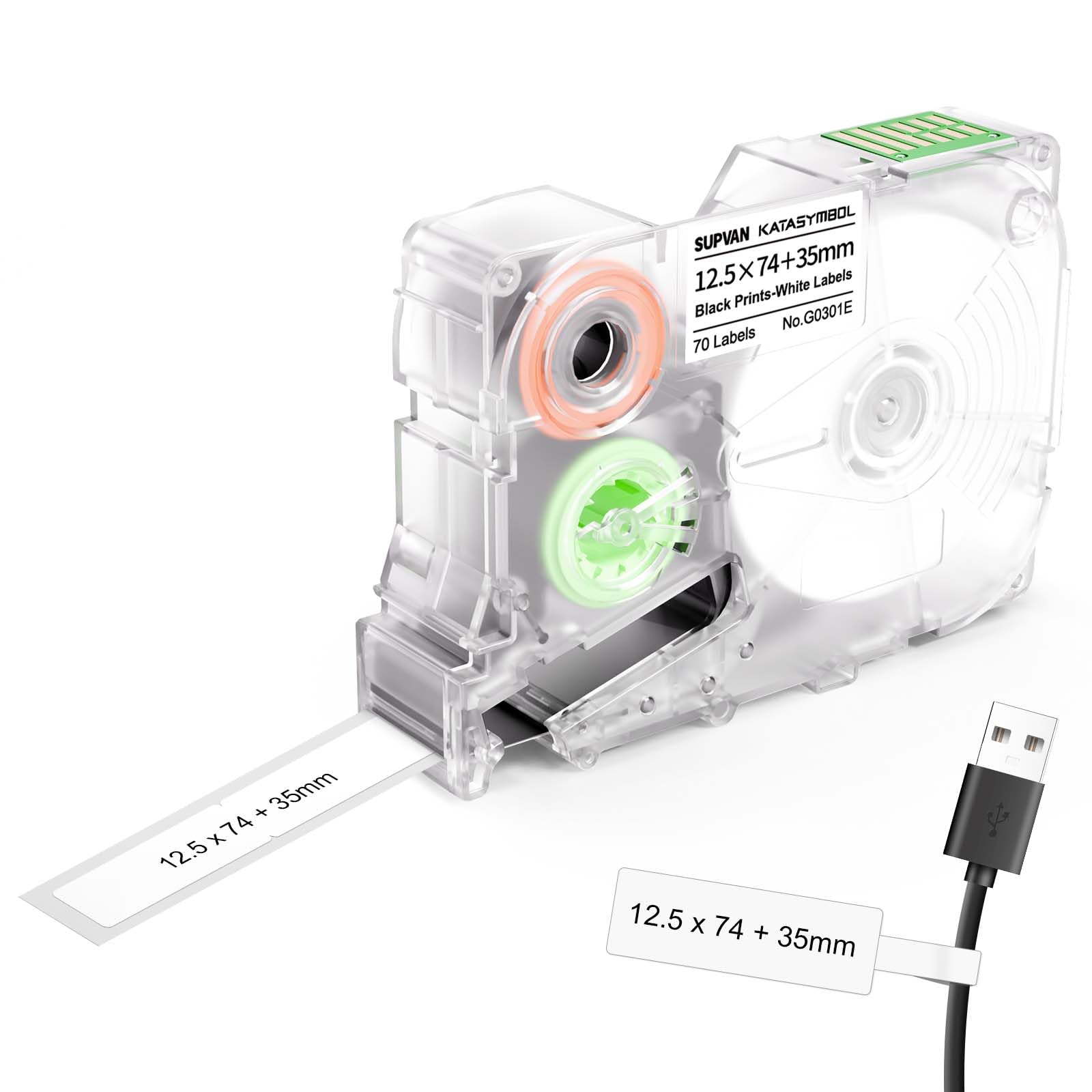 SUPVAN G15M Series Cable Thermal Transfer Labels, 0.49'' × 2.9'' + 1.38'', 70 Labels/Roll, Waterproof, High Temperature Resistant & Non-Fading Labels