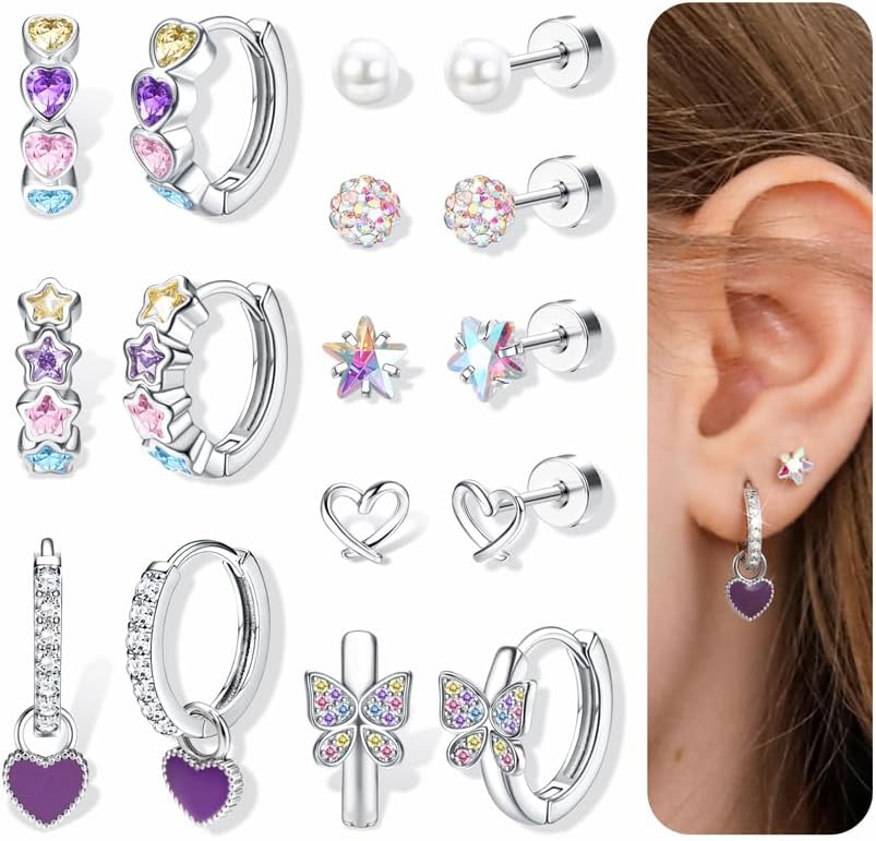 ORAZIO Hypoallergenic Earrings for Girls Women Surgical Stainless Steel Screw Back Earrings Set for Sensitive Ears Cute Toddler Kids Stud Hoop Flower Butterfly Flat Back Earrings Over 4 Years Old