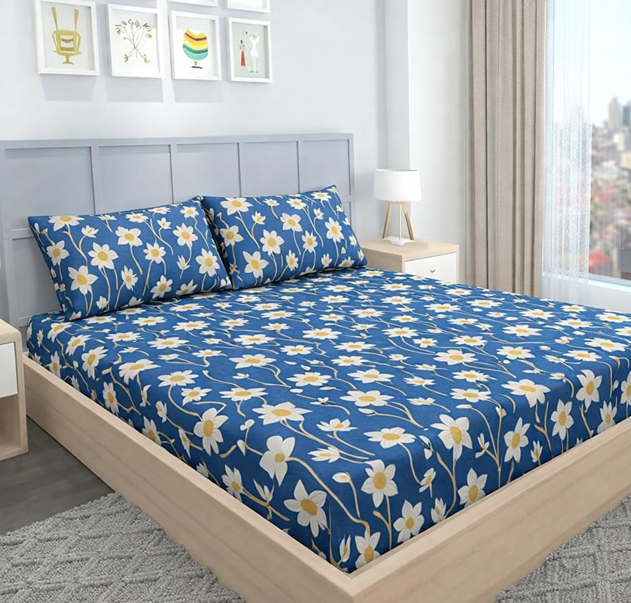 Image of BEVI - Home Super Fabric 300 TC Microfiber Single Queen Size Bedsheet with 1 Pillow Cover - Printed Blue Flower (60x90)