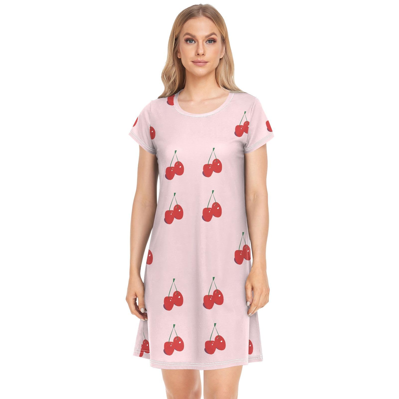 YOUJUNER Women's Nightdress Cherry Pattern Nighties Nightgown Short Sleeve Nightshirt Sleepwear Loungewear T-Shirt Dress