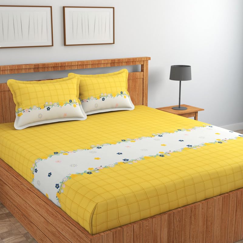 Image of NEW LEAF Cotton Fitted King Size Bedsheets with 2 Pillow Covers | Elastic Fitted | Wrinklefree | Ultrasoft |Winter Bedsheet 220 tc tc Floral | 710x72+10 Inches, Yellow White