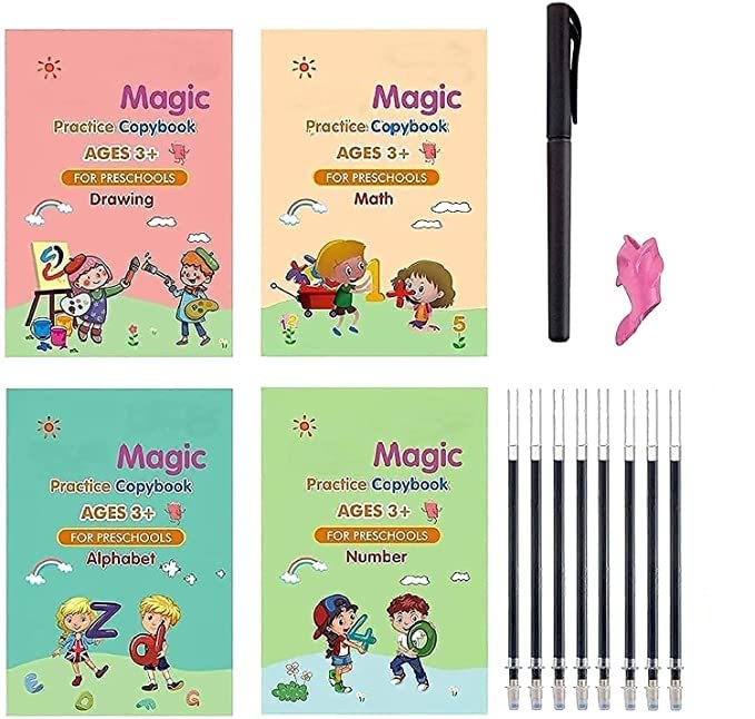 4 PCS Magic Practice Copybook for Kids, Handwriting English Reusable Magical Practice Copy Books for Kids Tracing Book Letter Writing Book (1pen+1grip+8rifills)