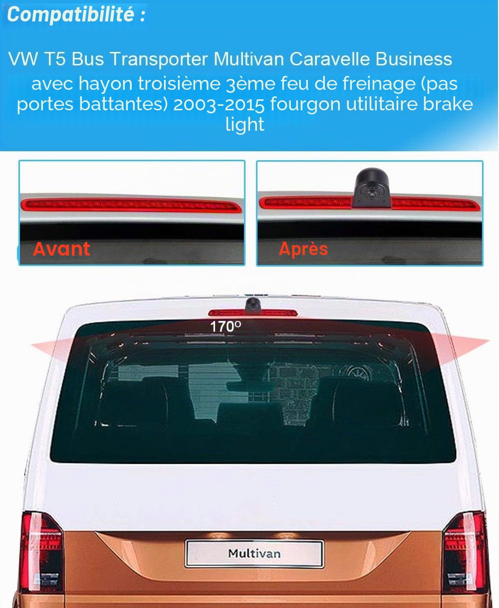 Voiture troisième caméra de lampe de frein de montage sur le toit de lumière de freinage vue arrière caméra de recul pour VW T5 Bus Transporter Multivan Caravelle/Affaires avec troisième feu stop 3ème