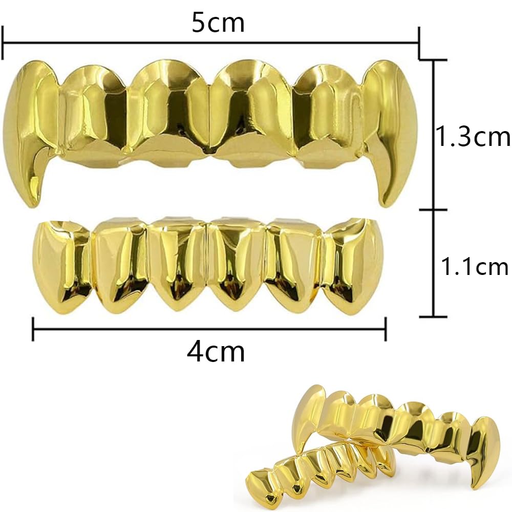 SSyang Hip Hop Teeth Grills for Mouth Braces Decoration with 2 Silicone Moldings Hip Hop Teeth Grills for Mouth Top Bottom Music Festival Party Hip Hop Rapper Decorations Fangs(Gold) - Image 2