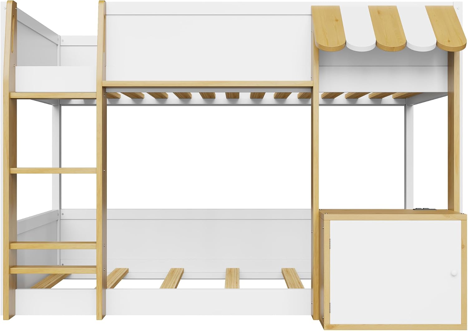 Merax Twin Over Twin Bunk Bed with Desk and Storage, Solid Wood Bunk Bed Frame with Ladder, Charging Station & Safety Guardrail for Boys, Girls, White and Natural