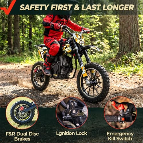Image of FRP FX40-Ogemaw Teens Dirt Bike, 40CC 4-Stroke Gas Powered Mini Dirt Bike with Goggles /Neck Gaiter /Gloves, 20 MPH Max Speed, Dual Disc Brakes, 132 LBS Capacity - Yellow