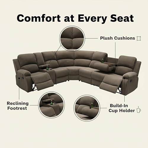 Miniatura 4 de Juego de sofá modular reclinable eléctrico, sofá modular en forma de L para sala de estar, asientos de cine en casa con portavasos, moderno sofá