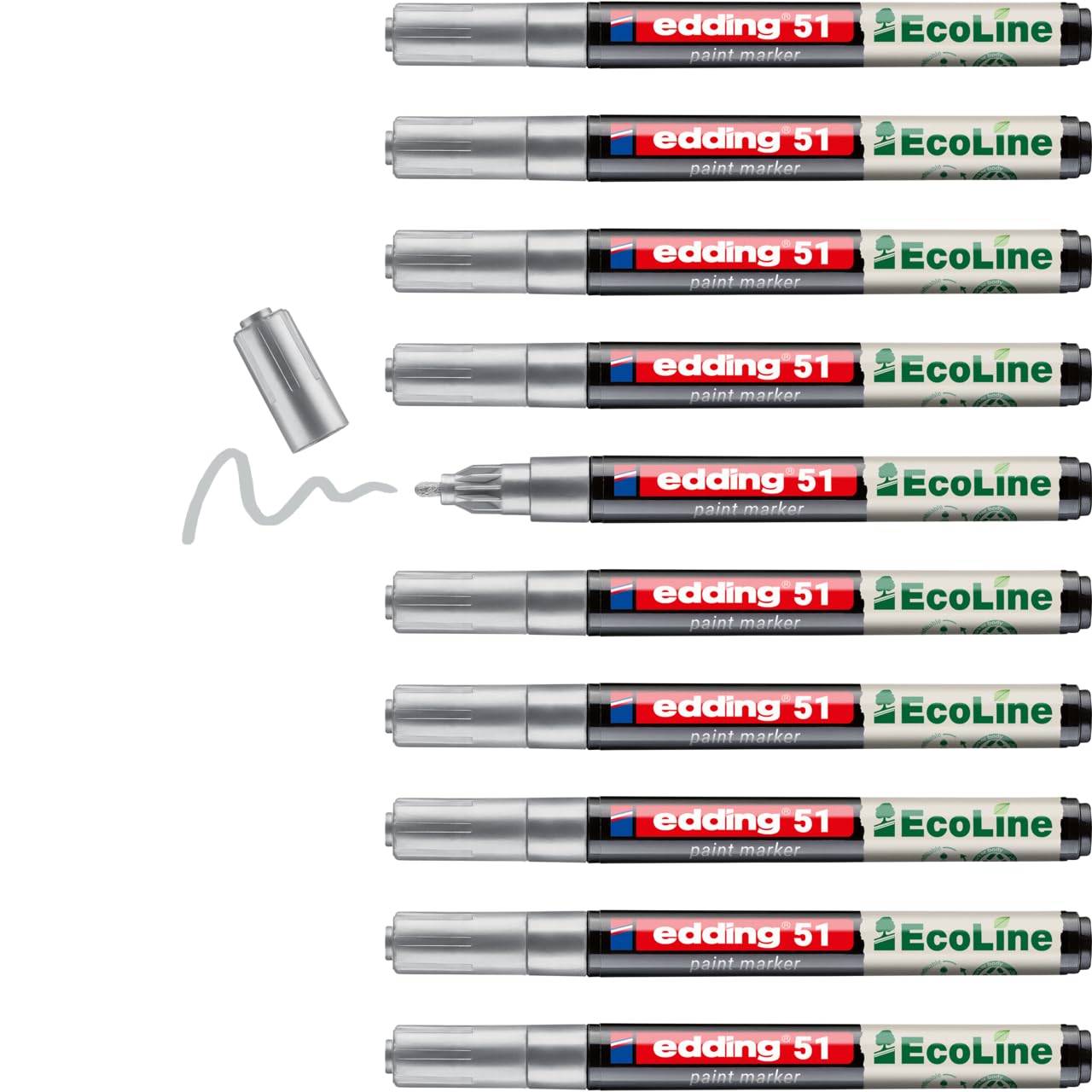 edding 51 EcoLine paint marker – silver – pack of 10 – round nib 1-2 mm – water-based ink, highly opaque & waterproof – pen for glass, stone, wood, plastic and paper